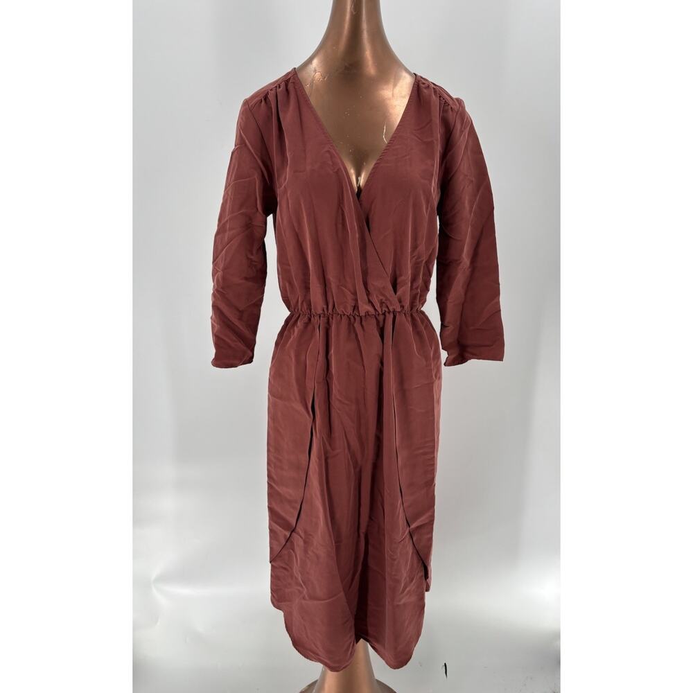 Everly Dress Womens Medium Brown V Neck Layered Stretchy Pullover Casual Lined